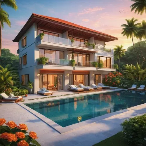 the mordern duplex villa is surrounded by a lush green oasis, with a crystal-clear swimming pool nearby. The sun is setting, casting a warm orange glow over the scene. The water reflects its soft, blu