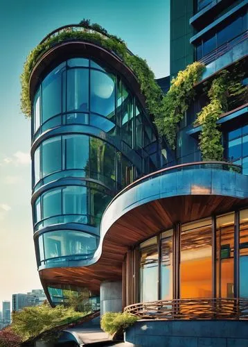 futuristic architecture,modern architecture,roof garden,arcology,smart house,ecotopia,penthouses,earthship,glass building,terraformed,greentech,planta,solar cell base,sky apartment,residential tower,ecotech,balconied,seasteading,urban design,luxury property,Illustration,Retro,Retro 13