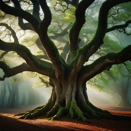 Tall tree, intricate branches, leafy canopy, rough bark texture, vibrant green leaves, sunlight filtering through, dramatic shadows, misty atmosphere, foggy morning, eerie silence, ancient forest, twi