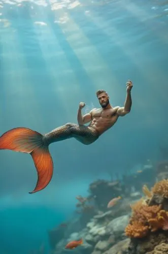 men, man, mermaid, real, naked, male, fish tail, sea ​​bass, coral reef, boy, man, masculine, muscles, sexy, muscular, hd, triton, ,a male in a black top and orange fish in the water,ammerman,merman,d