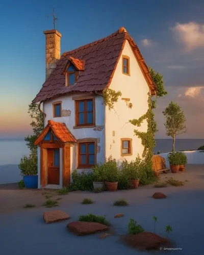 a house with a white and brown roof,miniature house,fisherman's house,summer cottage,lonely house,little house,small house,little church,house by the water,wooden house,danish house,wooden church,cott