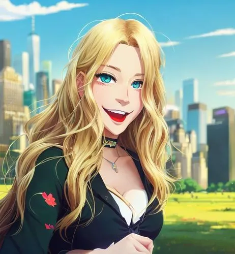 a young caucasian girl 25 years old flowing long blonde hair, green eyes, red lips, smiling wearing a glamourous black dress stand up at sunset in central park in New York as background in 4k,vanessa 