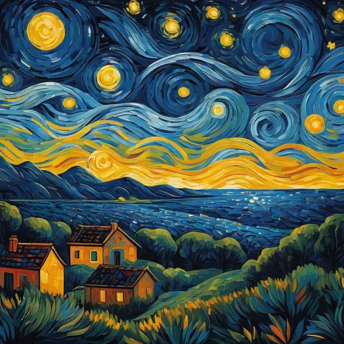 Compose an elegant phone background with a starry night.,starry night,vincent van gough,night scene,motif,vincent van gogh,starry sky,the night sky,night sky,home landscape,art painting,post impressio