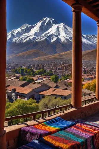 Chilean architecture, Andean style, adobe buildings, terracotta rooftops, rustic wooden doors, ornate metalwork, vibrant colorful textiles, traditional patterned blankets, woven baskets, earthenware p