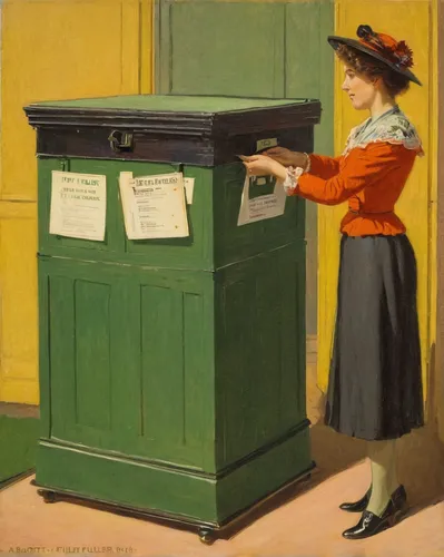 New Zealander woman putting a vote card into poll box,courier box,filing cabinet,ballot box,barrel organ,letter box,parcel mail,chiffonier,mailbox,newspaper delivery,letterbox,newspaper box,mail clerk