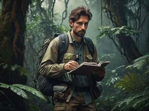 Male researcher, mature, khaki clothing, rugged boots, backpack, binoculars, notebook, pen, serious facial expression, intense eyes, messy brown hair, Amazon rainforest, dense foliage, vines, giant tr