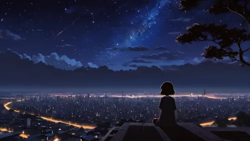 starry sky,boogiepop,the night sky,night sky,nightsky,clear night,sidonia,instrumentality,perseids,skygazers,night stars,falling stars,city lights,shinbo,tsukihime,hisaishi,world end,star sky,starbright,evernight,Illustration,Japanese style,Japanese Style 05