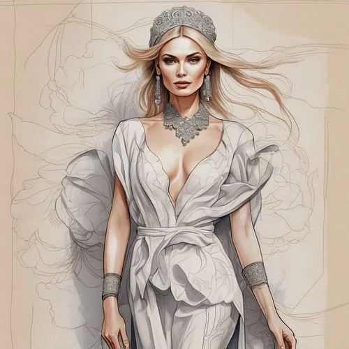 fashion illustration,fashion vector,fashion sketch,fashion design,white silk,fantasy art,boho art,aphrodite,white rose snow queen,mucha,drawing mannequin,world digital painting,fantasy portrait,coloring outline,illustrator,fantasy woman,white winter dress,costume design,sorceress,game illustration,Photography,Fashion Photography,Fashion Photography 01