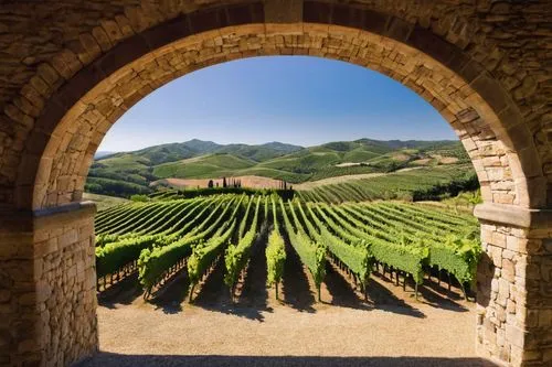 Mediterranean winery, rustic villa, wine cellar, curved arches, terracotta roofs, wooden beams, stone walls, lush green vines, grapes, wine barrels, oak wood, dim warm lighting, afternoon sunbeams, Tu