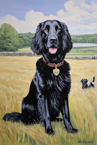 acrylics on board - approx A4 - Flatcoats are special dogs to me as they were my first introduction to the world of gun dogs.  I think Peggy is a very pretty girl.,field spaniel,flat-coated retriever,