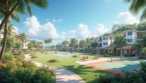 Modern island gymnasium social housing project, tropical atmosphere, sunny day, clear blue sky, white puffy clouds, lush green trees, colorful flowers, seashell wind chimes, outdoor fitness equipment,