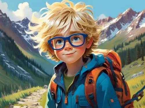 A young boy, around eight years old, with messy blonde hair and blue eyes, wearing glasses and dressed in hiking gear. His hair is tousled, giving him a carefree and adventurous look,a  in front of th