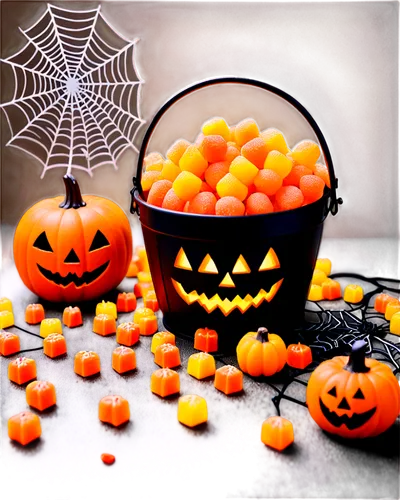 Spooky Halloween scene, colorful candies scattered, pumpkin bucket, trick-or-treat bag, spider web, creepy crawlies, glowing jack-o-lantern, eerie ambient light, warm color tone, shallow depth of fiel