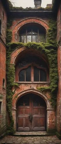 Ancient European architectural style, worn-out brick wall, detailed cracked texture, old-fashioned red clay tiles, curved arches, ornate stone carvings, vines crawling up the walls, moss-covered roof,