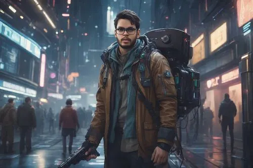 cyberpunk,pedestrian,cg artwork,sci fiction illustration,a pedestrian,dystopian,world digital painting,the wanderer,hk,game illustration,wanderer,city ​​portrait,game art,man with umbrella,nomad,parka,sci-fi,sci - fi,pedestrians,walking man,Photography,Cinematic