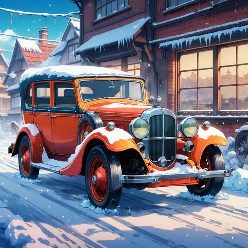 christmas retro car,christmas car,christmas cars,snow scene,vintage car,citroen,Illustration,Japanese style,Japanese Style 03