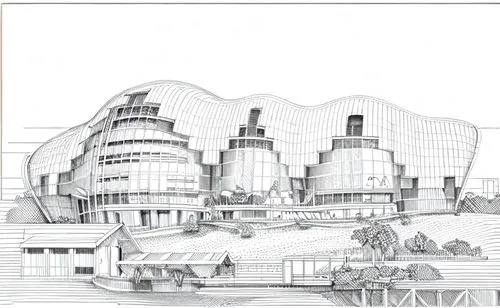 kirrarchitecture,lithograph,house drawing,futuristic architecture,disney hall,cd cover,eco-construction,technical drawing,architect,orthographic,architect plan,autostadt wolfsburg,cross sections,archi