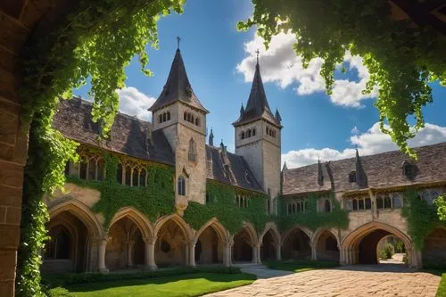 Welch architecture, medieval style, grand castle, majestic clock tower, Gothic spires, intricate stone carvings, ornate windows, heavy wooden doors, stone paved courtyard, lush greenery, vines crawlin