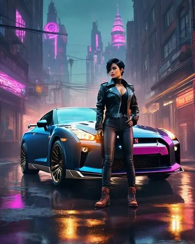 GTA 6 artwork, futuristic cityscape, sleek skyscrapers, neon lights reflecting off wet asphalt, misty atmosphere, rainy night, Michael's character model, detailed facial features, short black hair, le