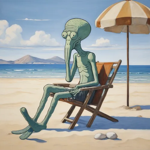 sci fiction illustration,extraterrestrial life,man at the sea,summer holidays,beach chair,the beach pearl,spf,the end of the holiday,beach background,alien,people on beach,extraterrestrial,thinking man,sun tanning,sun-bathing,beach furniture,deckchair,phage,sunbathe,sunburn,Photography,Fashion Photography,Fashion Photography 15