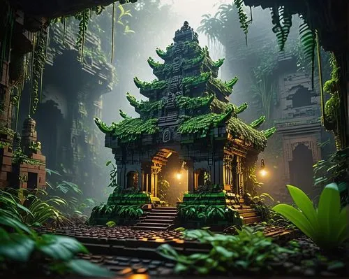 fairy house,thai temple,lego background,labyrinthian,fairy village,elven forest,ancient city,verdant,house in the forest,sanctum,wishing well,forest house,voxel,3d render,terrarium,jungle,shrine,fairy forest,green waterfall,the forest,Photography,Fashion Photography,Fashion Photography 12