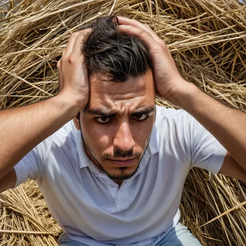 management of hair loss,anxiety disorder,self hypnosis,hay stack,straw bale,needle in a haystack,straw bales,threshing,pile of straw,farmworker,threshed,haymaking,haystack,hair loss,helplessness,round straw bales,bales of hay,dry grass,straw man,portrait photography,Photography,General,Realistic