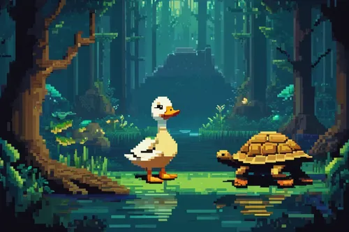 In a dark and mysterious forest, a duck and a turtle discover a hidden treasure and must work together to protect it.,pixel art,wild ducks,ducks,duck and turtle,game illustration,game art,swamp,a pair