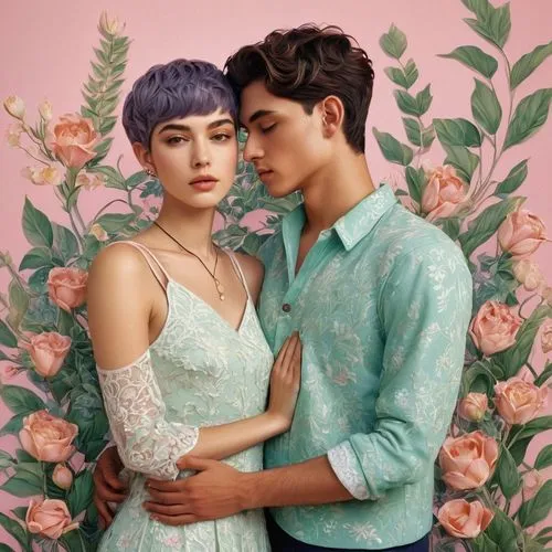 tahiliani,young couple,lucaya,vintage boy and girl,vintage man and woman,vintage floral,floral background,layden,secret garden of venus,floral heart,romantic portrait,couple goal,beautiful couple,pastel colors,vintage lavender background,vintage flowers,flamingo couple,passion bloom,blue floral,scent of roses,Photography,Fashion Photography,Fashion Photography 20