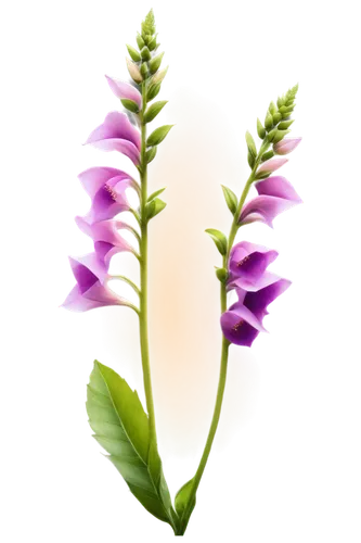 Digitalis plant, green leaves, purple flowers, delicate petals, slender stems, intricate details, realistic textures, shallow depth of field, soft natural light, warm color tone, 3/4 composition, clos