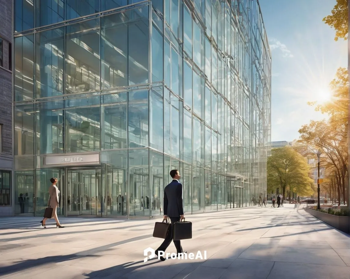 Modern office building, Washington DC, daytime, sunny weather, sleek glass exterior, steel framework, rectangular shape, symmetrical design, urban landscape, city streets, traffic lights, pedestrians 