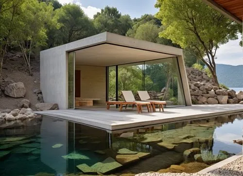 pool house,amanresorts,summer house,house by the water,inverted cottage,holiday villa,cubic house,house in the mountains,mahdavi,infinity swimming pool,dunes house,holiday home,luxury property,house in mountains,house with lake,modern house,modern architecture,private house,beautiful home,prefab,Photography,General,Realistic