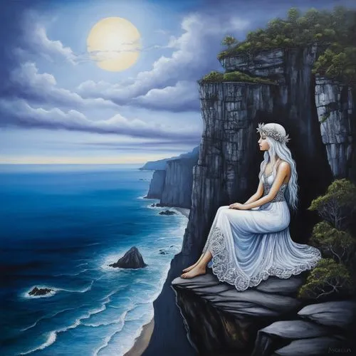 an angel sits on the edge of a cliff while overlooking a sea,fantasy picture,amphitrite,fantasy art,fathom,ariadne,dreamtime,Illustration,Abstract Fantasy,Abstract Fantasy 14