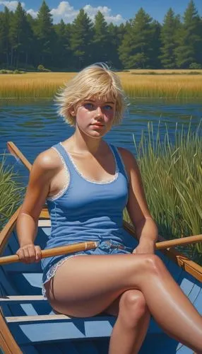 girl on the boat,the blonde in the river,girl on the river,rowing dolle,rower,oil on canvas,rowing,coxswain,canoe,paddler,oil painting,kayaker,row boat,single scull,regatta,girl sitting,painting technique,canoeing,oil painting on canvas,watercraft rowing,Illustration,Realistic Fantasy,Realistic Fantasy 03