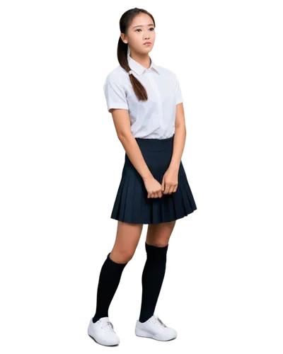 Thai university girl, white blouse, short sleeves, folded collar, brown skirt, pleated, knee-length, black socks, white sneakers, ponytail, simple makeup, natural look, standing pose, relaxed atmosphe