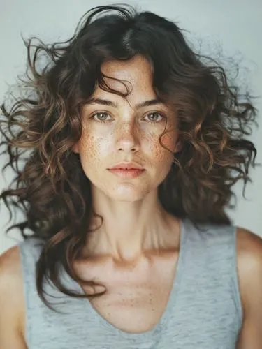 a woman with long, wavy brown hair,an attractive woman with freckles on her hair,zemfira,maia,haselrieder,valensi,woman portrait,keira,Photography,Documentary Photography,Documentary Photography 11