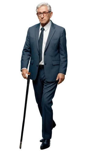 Old, white, male, solo, (70yo), wrinkles, gray hair, bushy eyebrows, glasses, suit, white shirt, black tie, leather shoes, walking stick, standing, realistic, soft lighting, 3/4 composition, warm colo