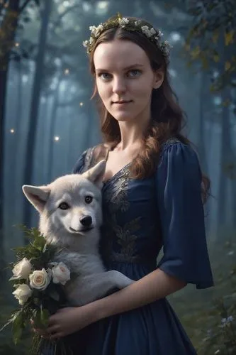 beautiful girl in a dark dress in the dark forest in the evening with a wreath on her head riding on a wolf holding a bunch of flowers,girl with dog,fantasy picture,fairy tale character,faery,fantasy 