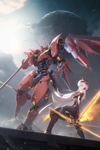 Anime, Warrior Girls and his Mecha partner, stars in the sky, complex mechanical cyborg and a human,gundam,iron blooded orphans,eva unit-08,red saber,cynosbatos,evangelion evolution unit-02y,heavy obj