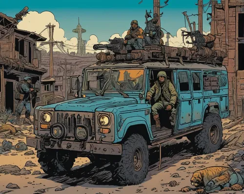 In a post-apocalyptic setting, Jon Blitt embarks on a dangerous mission to save humanity.,humvee,snatch land rover,armored vehicle,medium tactical vehicle replacement,land-rover,war correspondent,uaz-