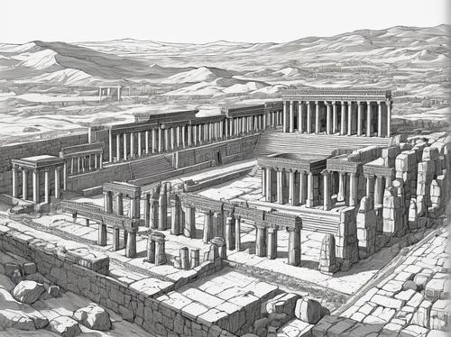 ancient greek temple,jerash,the parthenon,celsus library,acropolis,roman temple,temple of hercules,ancient roman architecture,greek temple,ephesus,parthenon,2nd century,trajan's forum,ancient theatre,el jem,roman theatre,palace of knossos,taraxum,the forum,ancient city,Illustration,Black and White,Black and White 06