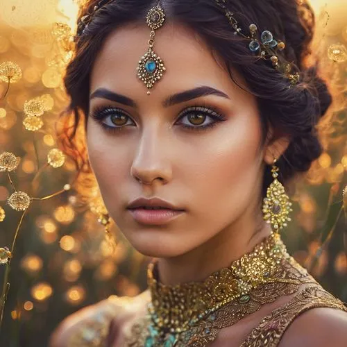 indian bride,gold filigree,fantasy portrait,mystical portrait of a girl,indian woman,golden wreath,radha,golden crown,cleopatra,romantic portrait,golden flowers,east indian,oriental princess,indian girl,gold flower,golden eyes,gold jewelry,ancient egyptian girl,indian,jasmine,Photography,General,Commercial