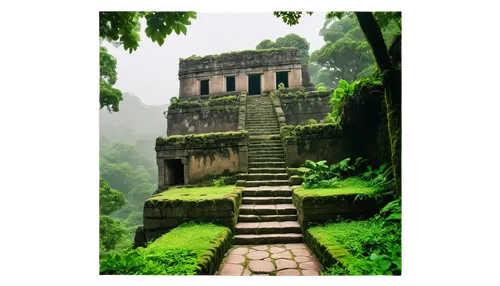 Mexican architectural monument, Tepejiotes ruins, ancient Mesoamerican structure, stone walls, crumbling steps, intricate carvings, tropical jungle surroundings, lush green foliage, vines crawling up 