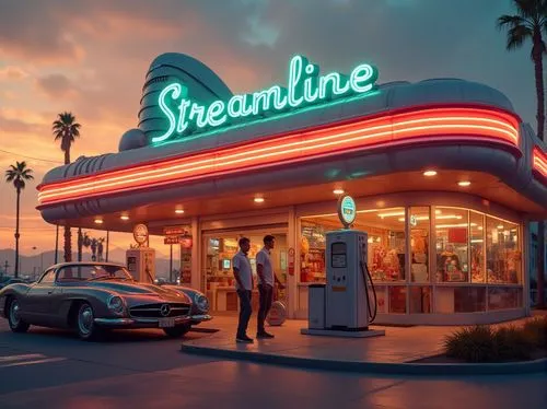 Streamline Moderne style, retro-futuristic gas station, 1950s sci-fi influence, curved lines, metallic materials, neon lights, glowing signage, bold typography, futuristic pumps, sleek canopy, retro-s