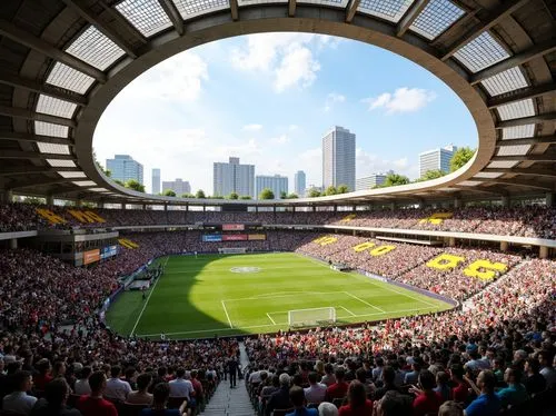 Large soccer stadium, open-air design, natural ventilation systems, wind-driven airflow, clerestory windows, high ceilings, exposed ductwork, steel beams, cantilevered roofs, green roofs, living walls