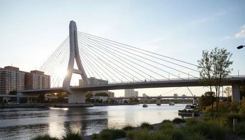 Sleek modern bridge, futuristic design, innovative materials, carbon fiber decks, stainless steel cables, LED lighting systems, iridescent coatings, translucent canopies, aerodynamic shapes, minimalis