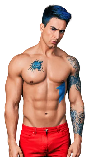 Muscular man, half-naked, standing, confident posture, intense facial expression, gun flash tattoo on left chest, bold black lines, vibrant red and blue ink, ripped biceps, strong shoulder muscles, sh