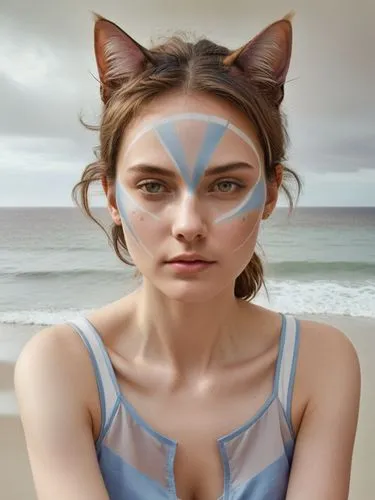 woman with cat face paint on sitting by the ocean,a young woman with makeup painted like an animal,feline look,margairaz,kat,kittani,cat with blue eyes,sand fox,Photography,Black and white photography