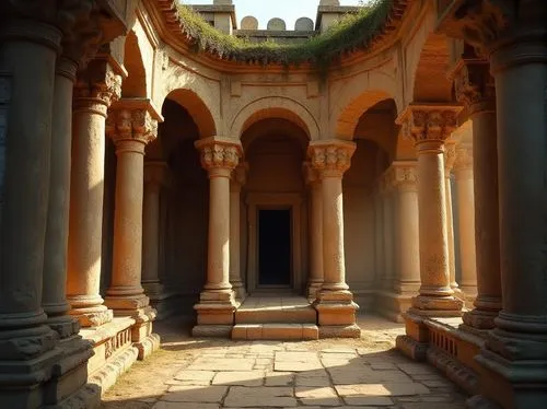 Sandstone architecture, ancient building, ornate carvings, rustic texture, natural material, earthy tone, grand column, intricate arches, weathered walls, moss-covered roof, mysterious ambiance, warm 