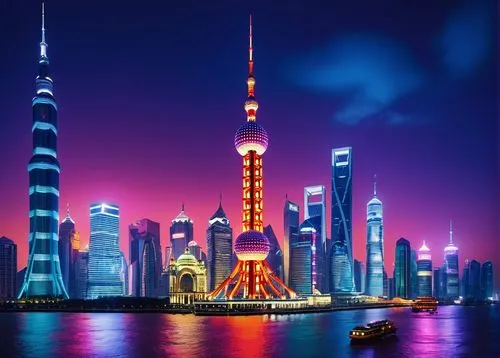 Lego architecture, Shanghai landmark, The Bund, Oriental Pearl Tower, futuristic skyscraper, vibrant neon lights, intricate details, bold colors, reflective glass surface, metallic structure, modern d