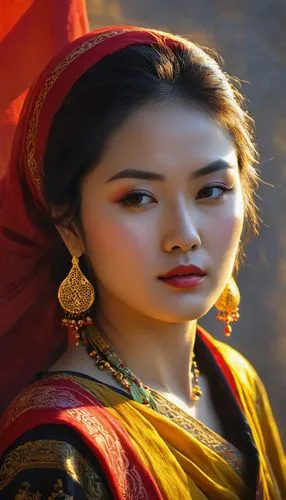 inner mongolian beauty,asian woman,oriental girl,asian costume,tibetan,mulan,vietnamese woman,ethnic dancer,indian woman,oriental princess,radha,turpan,orientalism,bhutan,asian culture,oriental painting,indian bride,rajasthan,shuanghuan noble,mongolia eastern,Illustration,Japanese style,Japanese Style 09